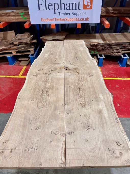 Oak book matched pair #007. Kiln dried. Measuring 2770 long, 900/1140/1170mm wide and 39mm thick. Can be delivered anywhere in the UK (Mainland).