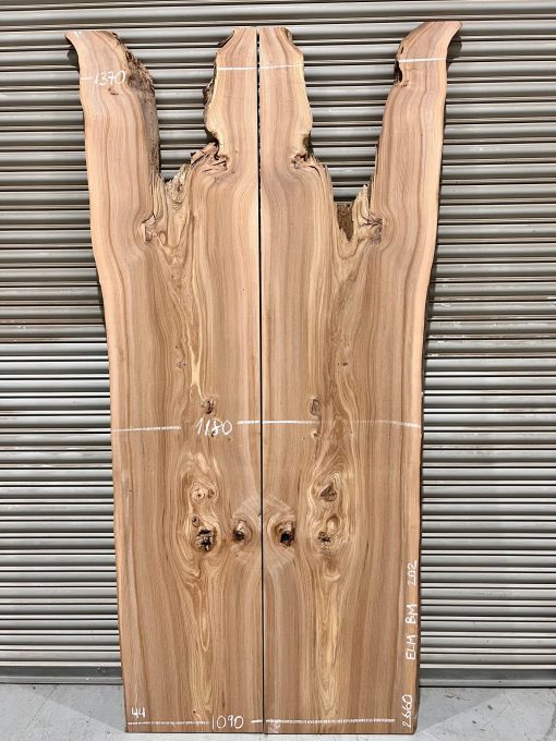 Elm book matched pair #202. Kiln dried. Measuring 2660 long, 1090/1370mm wide and 44mm thick. Can be delivered anywhere in the UK (Mainland).