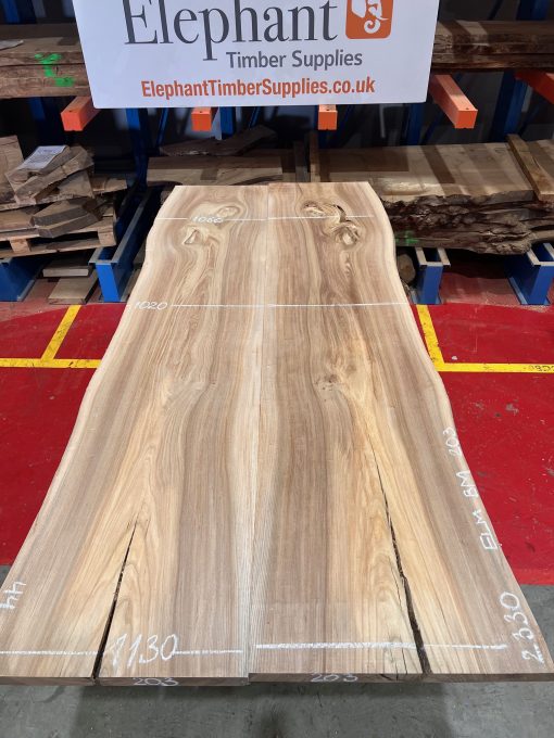 Elm book matched pair #203. Kiln dried. Measuring 2330 long, 1020/1130mm wide and 44mm thick. Can be delivered anywhere in the UK (Mainland).