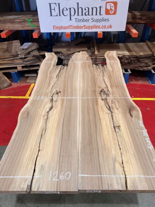 Elm book matched pair #204. Kiln dried. Measuring 2590 long, 1230/1340mm wide and 45mm thick. Can be delivered anywhere in the UK (Mainland).