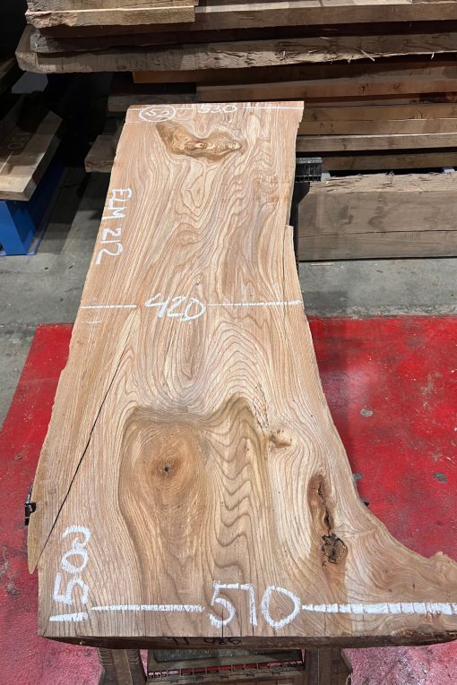 Elm #212. Kiln dried. Measuring 1500 long, 420/530mm wide and 52mm thick. Can be delivered anywhere in the UK (Mainland).