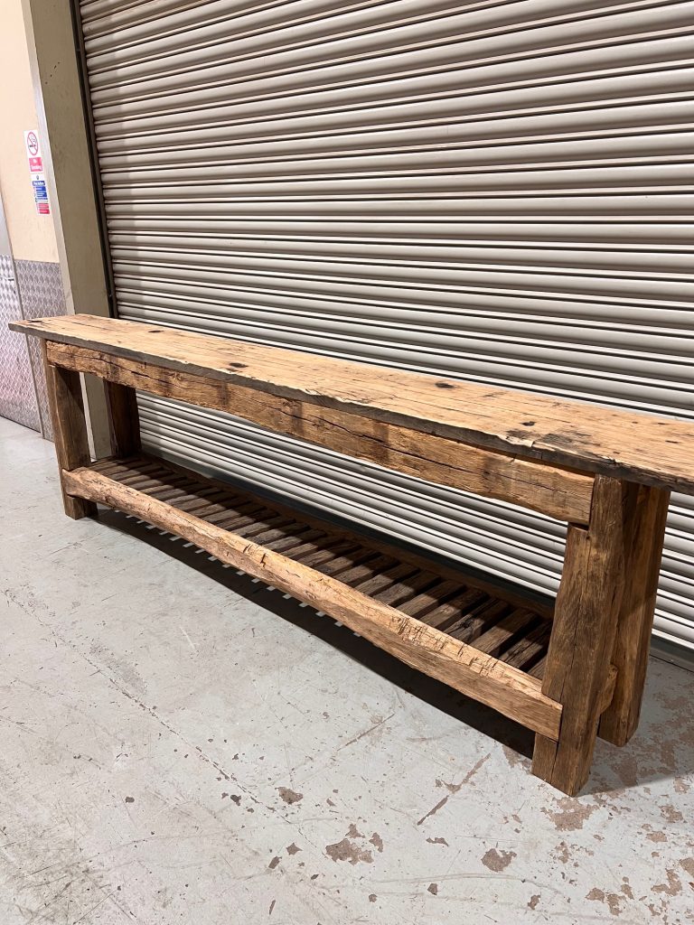 Large console table made out of 100% reclaimed Oak beams and wagon planks