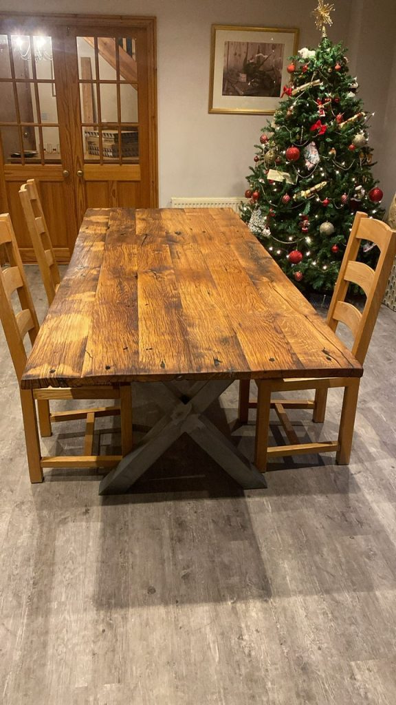 Table top made out of reclaimed wagon boards
